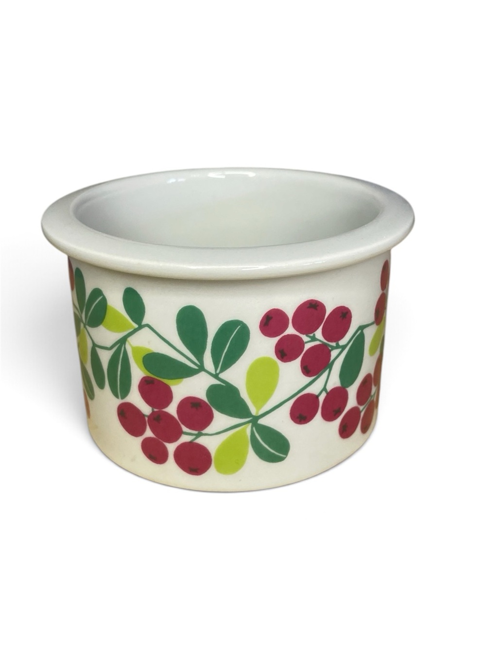 Arabia Finland White Ceramic Berry Pattern Kitchen Ramekin- Green & Red